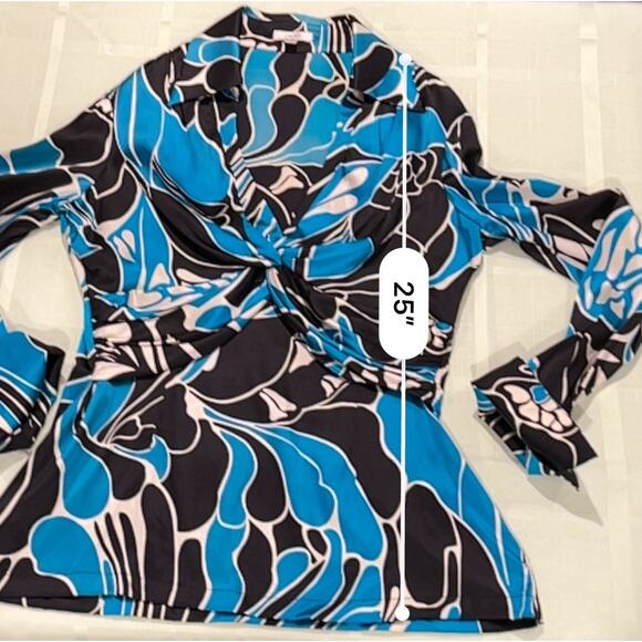 Vtg 90s Y2k Cache Silk Blend Blue Black Artsy Long Sleeve Blouse Cross Front L - Picture 10 of 10